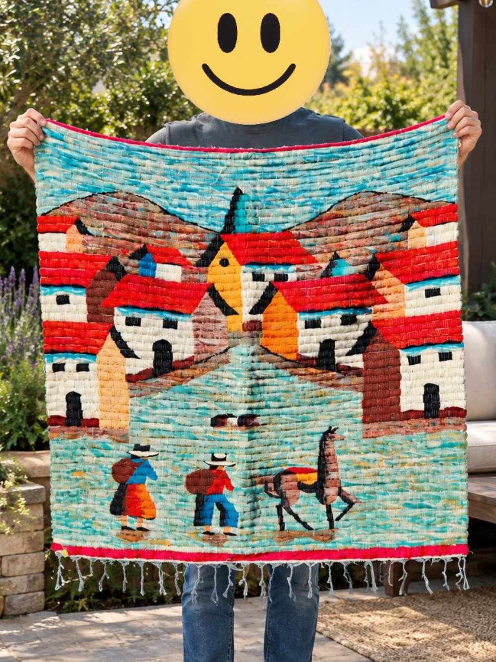 Vintage Peruvian hand-woven wool tapestry 36" x 36" Andean Folk Art Wall Hanging